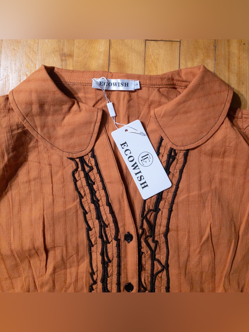 Rust Ruffle-Front Short Sleeve Blouse - Picture 2 of 12